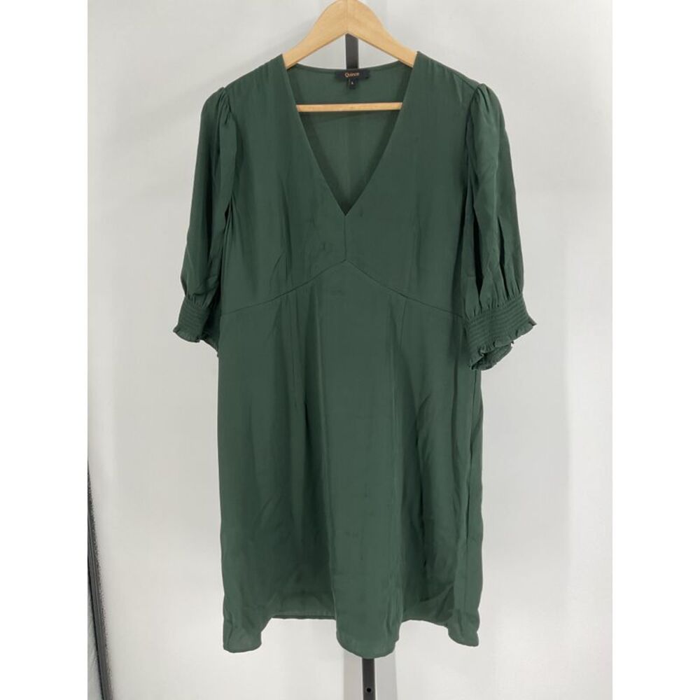 Quince Women's Washable Stretch Silk Puff Sleeve Mini Dress Forest Green L